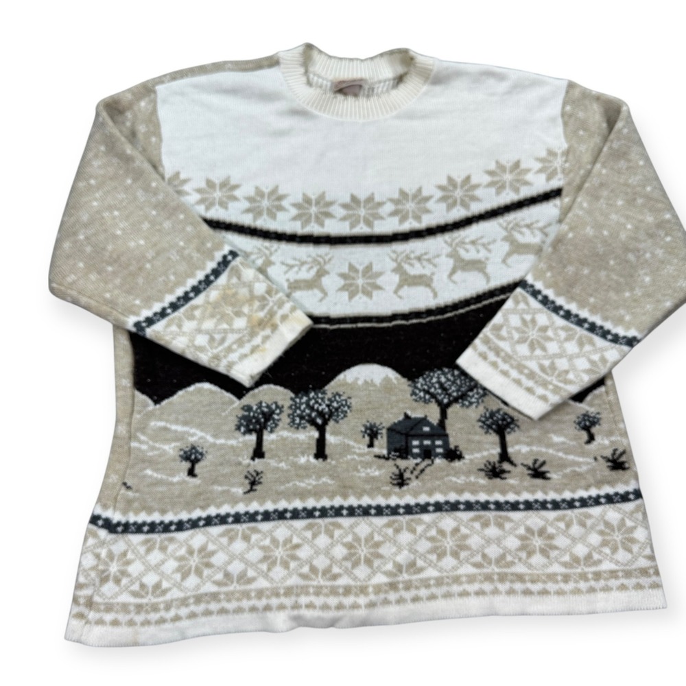 Vintage Grace Sweater Women's 2XL Brown‎ White Black Nordic Knit Winter Themed